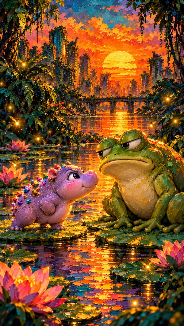 Tiny Hipsqueak puffed up on a lily pad, nose to nose with a bored frog much bigger than him