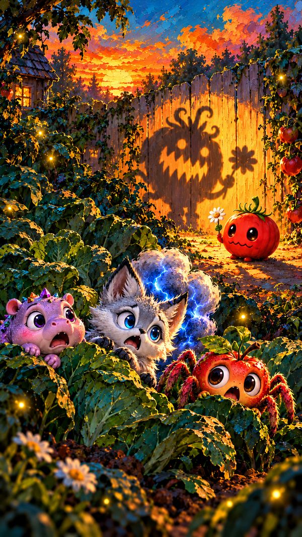 Painted garden at dusk: three small creatures hide from a monster-shaped shadow on the fence, cast by Zombato, a small tomato holding a daisy